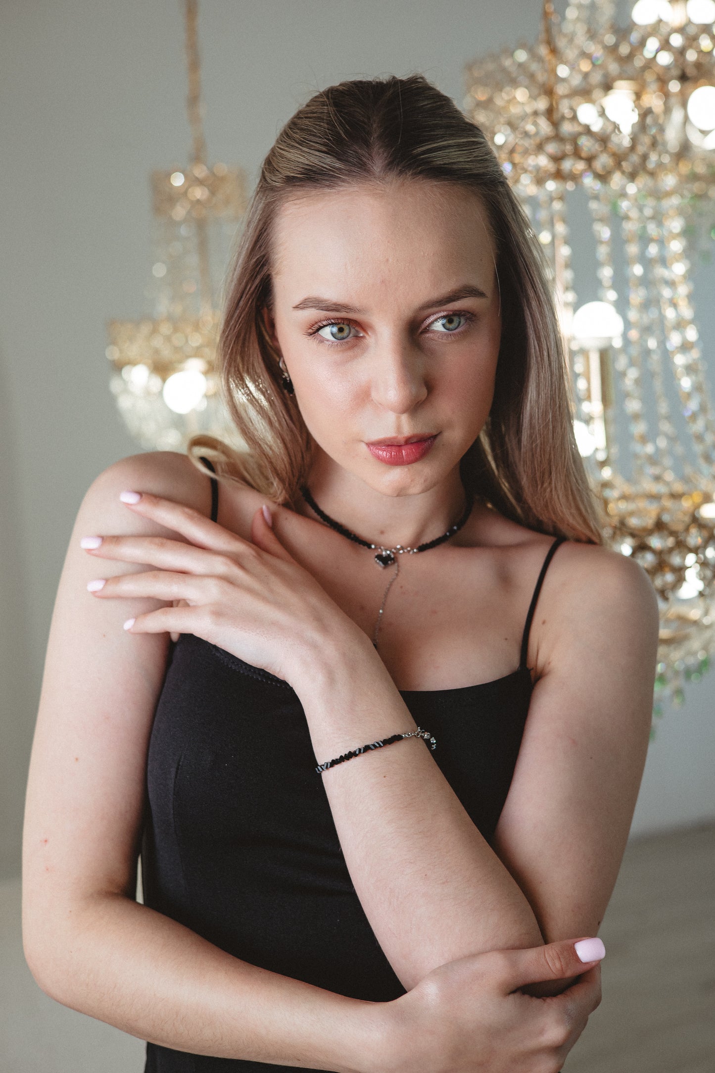 KENSY Black Helios Pendant Necklace with Lobster Clasp, Crystal Choker, Heart Pendant Bracelet, Heart Drop Earrings Silver