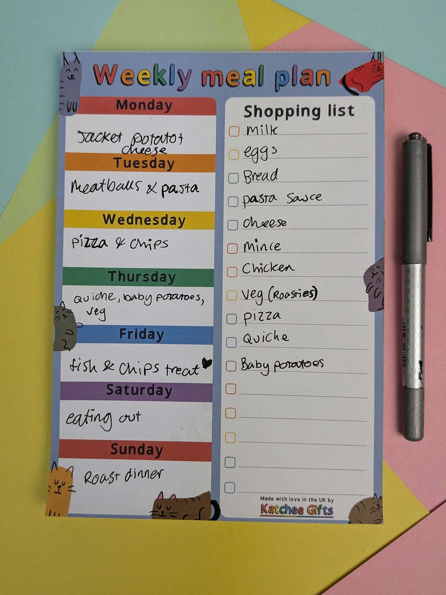 Katchee Gifts - Cat Weekly Meal Planner Pad – A5 Notepad - MEAL-CAT